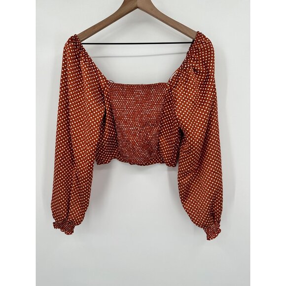 Code X Mode Crop Top Women Medium Copper Polka Dot Satin Long Sleeve Smocked - Picture 5 of 10